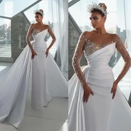Sexy Illusion Satin Mermaid Wedding Dresses Crtstal Beading Sheer Neck Long Sleeve Bridal Gowns Romantic Dress Robe De Mariee