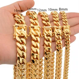 8mm 10mm 12mm 14mm 16mm Miami Cuban Link Chains Stainless Steel Mens 14K Gold Chains High Polished Punk Curb Necklaces218O