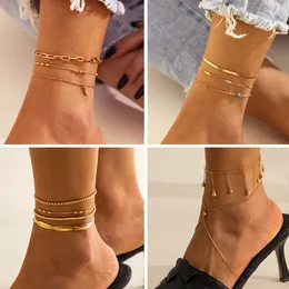 Золотые ножные браслеты для женщин, модные украшения в богемном стиле, женские пляжные с кисточками, трехслойная подвеска в виде луны, цепочка для ног серебряного цвета