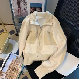 Mulher Cardigan Zipper suéter coreano Moda de malha de bolso Pocket Patchwork