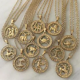 Colar de doze constelações de ouro vintage para mulheres meninas homens zodíaco símbolo pingente de colares de corrente de clavícula fino jóias finas276g