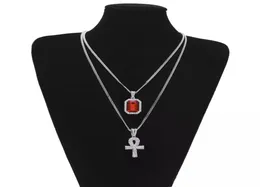 Egyptisk Ankh -livsnyckel Bling Rhinestone Cross Pendant med Red Ruby Pendant Halsband Set Men Woman Fashion Hip Hop Jewelry Part9012330