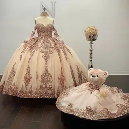 2023 Şampanya Quinceanera Elbiseler Gül altın payetleri ile Dantel Aplike Çıkarılabilir Kollu Özel Yapım 16 Prenses Parti Balo Gown Vestidos