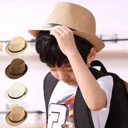 Unisex Kids Panama kapelusz z skórzanym pasem letni plaża trilby czapki słomki sunhat dzieci Soild Fedora Cap for Boy and Girl295U