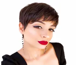 Patlamalarla düz insan perukları Brezilya bakire saç pixie kesim doğal renk Kısa Bobhair Peruk Siyah Kadınlar için 4621782