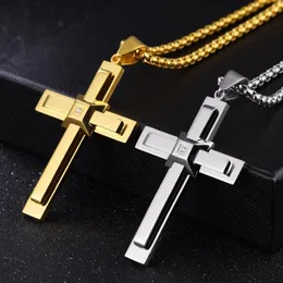 Pendant Necklaces Fate Love High Polished Gold Stainless Steel Crystals Large Huge Cross Men's Necklace Chain 3mm 24 Inch253C