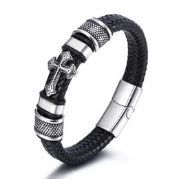 Kedjor Mens svart flätat läder korsarmangle armband kedja rostfritt stål mtistrand klassisk bönlänk armband punk smycken ma dh8qo