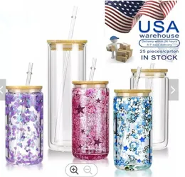 US 16oz 25oz Sublimation tumblers Mugs double wall snow globe Glass Can Creative Sequins tumblers shape Bottle with Lid and Straw Mason Jar Juice Cup ss1121