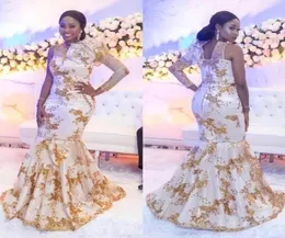Aso ebi Style Lace Mermaid Dresses with Gold appiced arivic One Long Sleeve Dress Custom Made Plus Size Abisic Evening Gown9852252