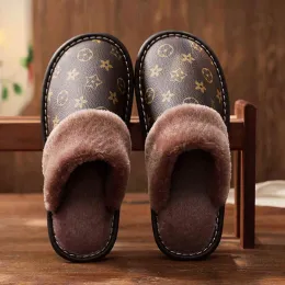 Fashion Leather Slippers Printed Plush Cotton Slipper Women Indoor House Shoes Flat Cozy Home Slippers Winter Warm Flip Flops