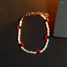 Charm armband nisch handgjorda smycken designkänsla körsbär sötvatten riskorn pärla justerbart armband för flickor