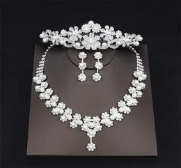 Дешевые жемчужины каплят страза Свадебные ювелирные украшения набор ожерелья корона Тиары Серьги для головного убора.