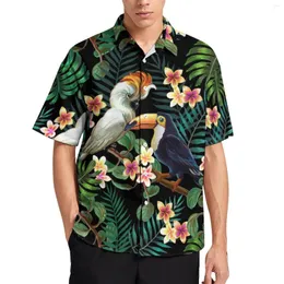남자의 캐주얼 셔츠 팜 팜 잎 숲 셔츠 남자 꽃과 새 인쇄 여름 하라주 쿠 블라우스 짧은 소매 대형