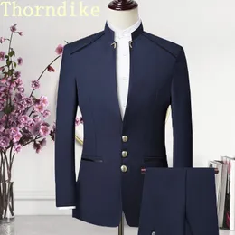 بدلات الرجال بليزرز Thorndike دعوى على الطراز الصيني طوق ذكر الزفاف العريس ضئيلة FIT STANDD SET TUXEDOJACKETPANT 221121