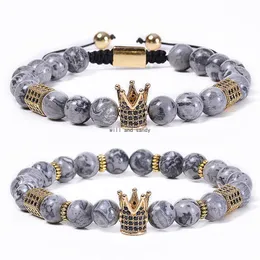 Beaded Natural Map Stone Crown Bracelet Copper Microinlaid Zircon Diamond Bracelets Braided Cuff Women Men Fashion Jewelry Drop Deliv Dhgm5