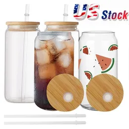 24 H ship Local Warehouse 16oz Mugs Double Wall Sublimation Glass Beer Can Shaped Cups Tumbler Drinking Beer With Bamboo Lid GG020