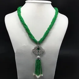 Novo estilo 7rows Green Stone Green White Freshwater Pearl Tassel Tassel Colares