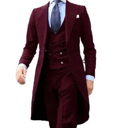 Mens Suit Blazers Long Coat Designs Burgundy Men Suit Gentle Mens 턱시도 무도회 블레이저 세트 사용자 정의 3 개 웨딩 신랑 드레스 피크 라펠 221121