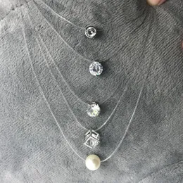 Nieuwe Persoonlijkheid Mode Vierkante Kettingen Imitatie Parel Kristal Zirkoon Ketting Onzichtbare Transparante Vislijn Ketting Vrouwen