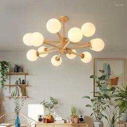 Lampadari Soggiorno Lampadario a Led Lampada a sospensione moderna a soffitto in legno per camera da letto Sala Cucina Illuminazione interna Sfera di vetro bianco Decorare