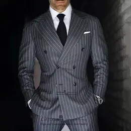 남자 양복 블레이저 클래식 어두운 회색 줄무늬 남성 슬림 한 핏 비즈니스 블레이저 더블 가슴 웨딩 신랑 턱시도 2 피스 세트 Terno Masculino 221121