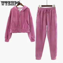 Womens Two Piece Pants Sports Hoodie Suit Plush Thickened Warm 2 Sets Long Sleeved Zippered Cardigan Coat and Casual Trousers Tracksuit 221121