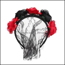 Party Decoration Rose Flower Lace Veil Halloween Headband Party Decoration Hair Dress Fancy Headwear Cosplay Decorations Drop Delive Dhelr
