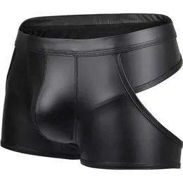 Underpants imitando couro mens sexy patente roupas íntimas hollow stage boxer boxer calcinha gay sem costas Tanga Hombre