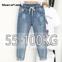Jeans feminino Smpring Summe grande tamanho mãe Mulher Elastic High Woly Baggy for Women Denim Ripped feminino HAREM PALHAS 221121