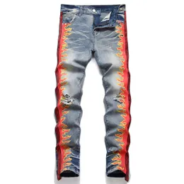 Herr jeans byxor män strpe eld denim streetwear punk stretch byxor knappar rippade smala blyertsbyxor