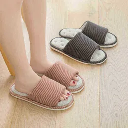 Indoor Women Striped Corduroy Slippers Comfortable Open Toe Floor Lovers Hemp Shoes Nonslip Home Ladies Men Slippers J220716