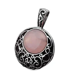 Lockets Semi Precious Stone Rose Quartz Pendants 40Mm Plated Sier Alloy 20Mm Cabochon Crystal Women Necklace Jewelry 60Cm Chain Drop Dhtzt