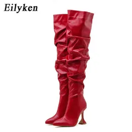 Boots New Design Pleated Leather Over the Knee Boots Fashion Runway Strange High Heels Sexy Pointed Toe Zip Womans Shoes 220913