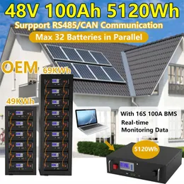 48V 100AH ​​LIFEPO4 150AH Bateria de bateria 51,2V 5kWh com RS485 LAN Communication Max 32 Paralelo para armazenamento de energia UPS