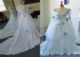 Vintage Celtic Brautkleider weiß und hellblau farbenfrohe mittelalterliche Brautkleider Schaufel Ausschnitt Corset Long Bell Ärmel Applique8162831