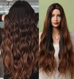 Синтетические парики Easihair Long Chocolate Brown Hair Wig Dark Caramel выделяет волнистую натуральную теплостойкость Cosplay3950510
