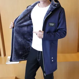 남자 재킷 겨울 남성의 중간 길이 파카 안감 플러스 벨벳 따뜻한 느슨한 윈드 방송 후드 코트 단색 도구 캐주얼 패딩 재킷 남성 221121