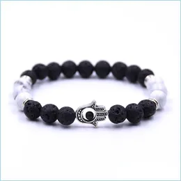 Бисера много цвета натуральный камень Fatima Hamsa Bracelet Bracelet Black Matte Lava Chakra Energy Summer Jewelry Bracelets Dhv0m