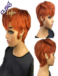Orange Ginger Color Wig Short Wavy Bob Pixie Cut Full Machine Made No Lace Human Hair Wigs With Bang för Black Women Brasilian S01215743