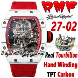 RMF ysf27-02 Herrenuhr Echtes Tourbillon Mechanischer Handaufzug TPT Quarz-Kohlefaser-Gehäuse Skeleton Dial Red Nylon Strap 2022 Super Edition Sport Ewigkeitsuhren