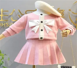Childrens Girls Clothes Set Kids Girls Baby Cardigan Sweater Bow Top Knit Skirts Two Piece Suit228d