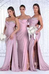 Sexy Side Split Satin Bridesmaid Dresses Mermaid Sweetheart Appliques Beads With Pleats Ruffles Long Maid of Honor Gowns Custom Made Evening Prom Robes