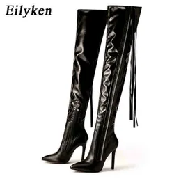 Boots New Fashion Tassel Designer High Shoes Women Sexy Pointed Tee Zip On the Knee Boots Stiletto Size 35 42 220913