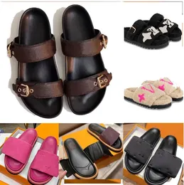 Big size Designer Sandal tazz slide leather Flat Mule Slipper buckle sandals warm slipper fur wool slides winter fluzzy fashion shoes