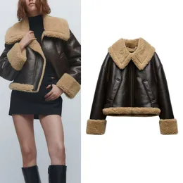 Women's Jackets TRAF Za Women Fashion Winter Warm Fleece Jacket Longsleeved Lapel Chic Female Zip Doublesided Faux Fur Coats Mujer 221121