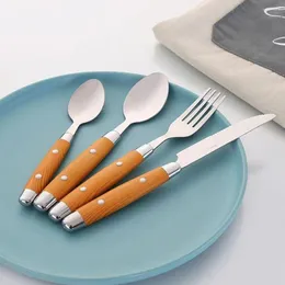 Dinnerware Sets Durable Wood Grain Handle Portable Steak Knife Fork Spoon Suit Cutlery Set Flatware Tableware Kit