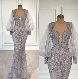 Luxury Mermaid Lace Evening Dresses Beaded Long Sleeve Prom Dress Appliqued Formal Party Gowns Pageant Wear Vestido de novia