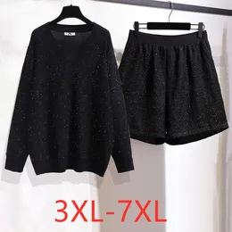 Survêtements de grande taille pour femmes Automne Hiver Plus Taille Vêtements pour femmes Grands paillettes noires en vrac T-shirt et shorts Deux pièces Costume 4XL 5XL 6XL 7XL 221121