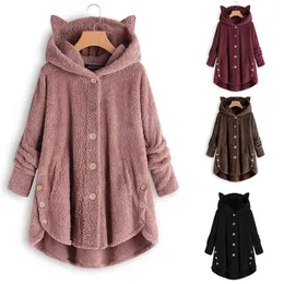 Mode tröjor kattöron knäppa upp hoodie för kvinnor flicka vinter varm plysch tröja tröja jacka kappa långa ärm huvtröjor rockar ytterkläder