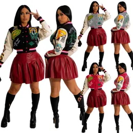 여자 재킷 디자이너 가을 패션 패턴 인쇄 스레드 색상 대비 대비 버튼 폭격 셔츠 야구 코트 3 색